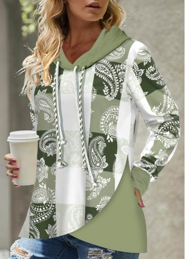 Modlily Light Green Patchwork Tribal Print Long Sleeve Hoodie - XL