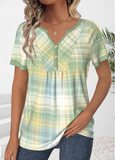 Modlily Light Green Ruched Plaid Short Sleeve T Shirt - S