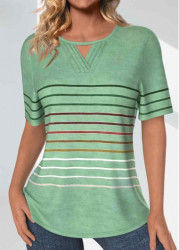 Modlily Light Green Tuck Stitch Striped Short Sleeve T Shirt - S