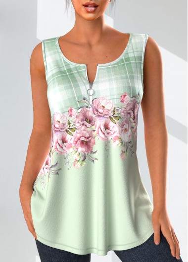 Modlily Light Green Zipper Floral Print Tank Top - S