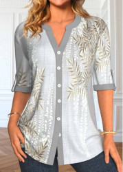 Modlily Light Grey Button Leaf Print Half Sleeve Blouse - S