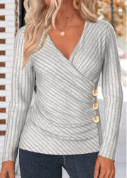 Modlily Light Grey Button Long Sleeve V Neck T Shirt - S