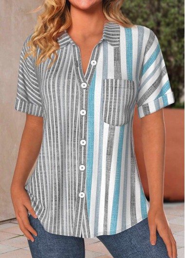 Modlily Light Grey Button Striped Short Sleeve Blouse - S