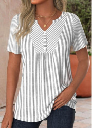 Modlily Light Grey Button Striped Short Sleeve T Shirt - S