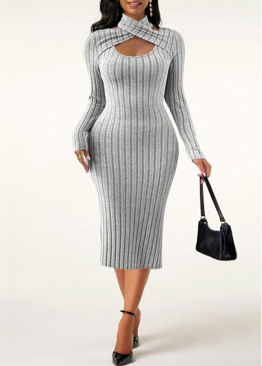 Modlily Light Grey Cut Out Long Sleeve Halter Dress - M