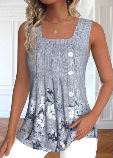 Modlily Light Grey Marl Button Floral Print Sleeveless Tank Top - S