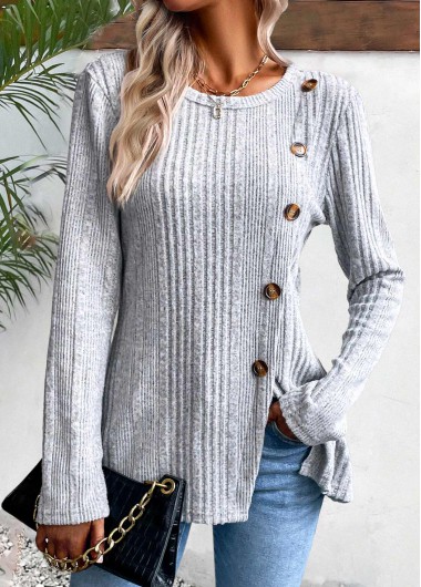 Modlily Light Grey Marl Button Long Sleeve T Shirt - XXL