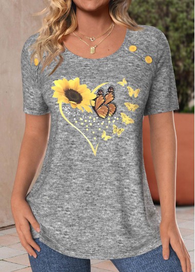 Modlily Light Grey Marl Button Sunflower Print T Shirt - S