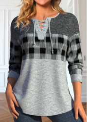 Modlily Light Grey Marl Lace Up Plaid T Shirt - S