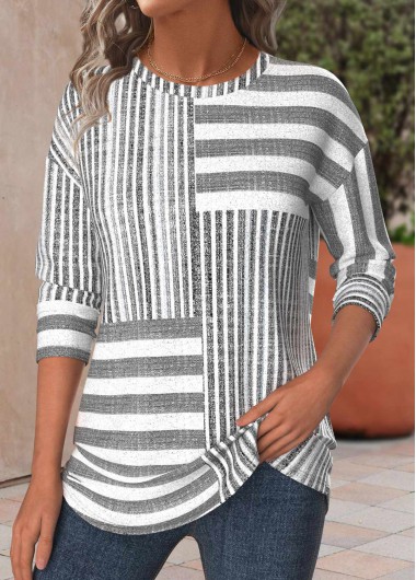 Modlily Light Grey Marl Striped Long Sleeve T Shirt - S