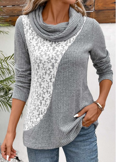 Modlily Light Grey Patchwork Long Sleeve Cowl Neck Sweatshirt - S