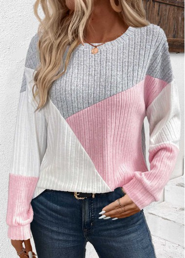 Modlily Light Grey Patchwork Long Sleeve Round Neck Sweatshirt - S