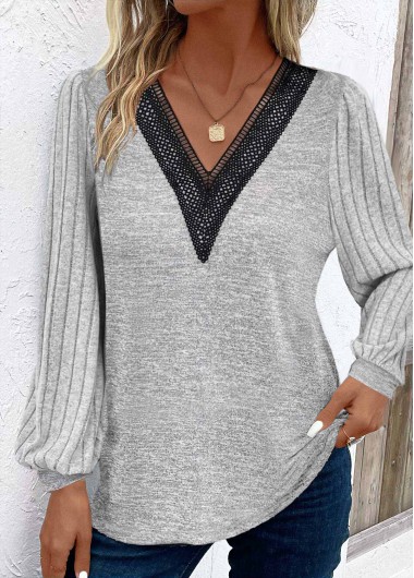 Modlily Light Grey Patchwork Long Sleeve V Neck T Shirt - M