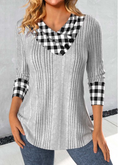 Modlily Light Grey Patchwork Plaid Long Sleeve Sweatshirt - S