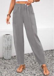 Modlily Light Grey Pocket Elastic Waist High Waisted Pants - 3XL