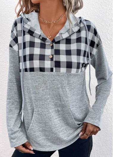 Modlily Light Grey Pocket Plaid Long Sleeve Hoodie - S