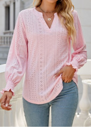 Modlily Light Pink Breathable Long Sleeve Split Neck Blouse - 2XL