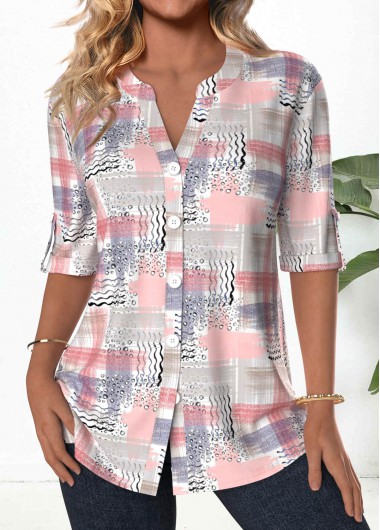 Modlily Light Pink Button Geometric Print 3/4 Sleeve Blouse - S