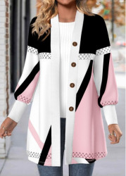 Modlily Light Pink Button Geometric Print Long Sleeve Coat - S