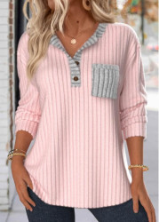 Modlily Light Pink Button Long Sleeve Split Neck Sweatshirt - S