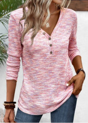 Modlily Light Pink Button Long Sleeve V Neck T Shirt - S