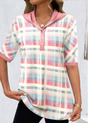 Modlily Light Pink Button Plaid Half Sleeve T Shirt - XXL