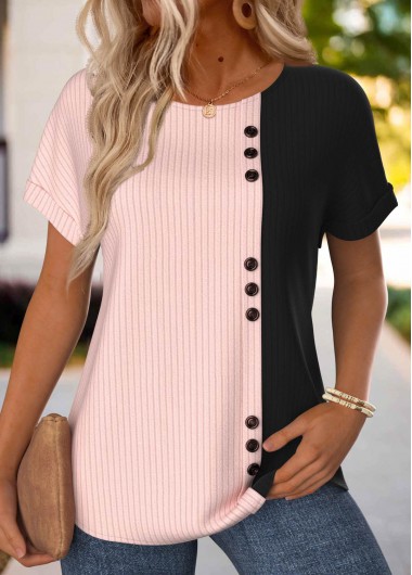 Modlily Light Pink Button Short Sleeve Round Neck T Shirt - M