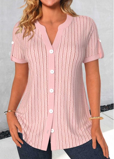 Modlily Light Pink Button Short Sleeve Split Neck Blouse - M