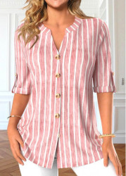 Modlily Light Pink Button Striped Half Sleeve Blouse - S