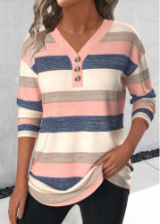 Modlily Light Pink Button Striped Long Sleeve T Shirt - S