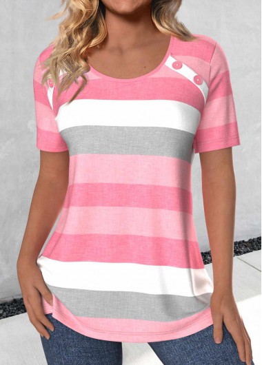 Modlily Light Pink Button Striped Short Sleeve T Shirt - S