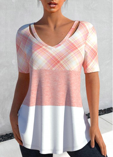 Modlily Light Pink Cut Out Plaid T Shirt - S