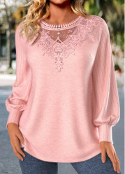 Modlily Light Pink Embroidery Long Sleeve Round Neck T Shirt - S