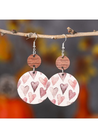 Modlily Light Pink Heart Print Round Wood Earrings - One Size