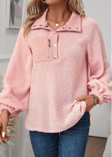 Modlily Light Pink Jacquard Long Sleeve Turn Down Collar Sweatshirt - S