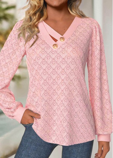 Modlily Light Pink Jacquard Long Sleeve V Neck T Shirt - S