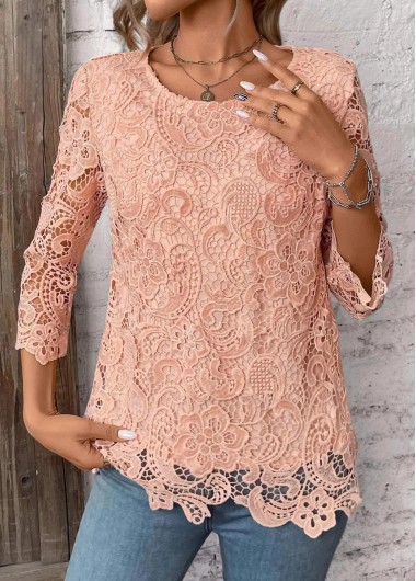 Modlily Light Pink Lace 3/4 Sleeve Round Neck T Shirt - S