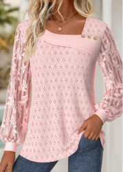 Modlily Light Pink Lace Long Sleeve Asymmetrical Neck T Shirt - S