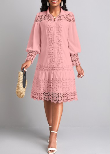 Modlily Light Pink Lace Long Sleeve Shirt Collar Shift Dress - M