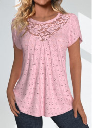 Modlily Light Pink Lace Short Sleeve Round Neck T Shirt - S