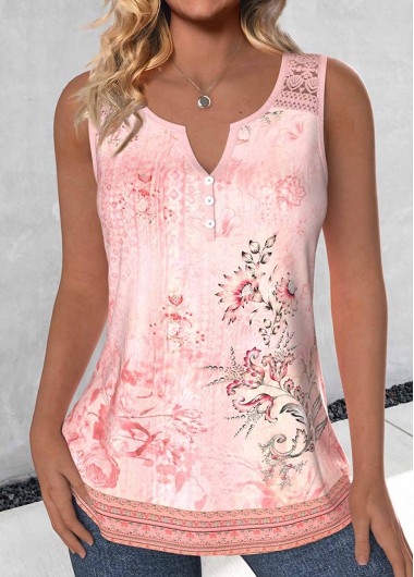 Modlily Light Pink Lace Tribal Print Sleeveless Tank Top - L