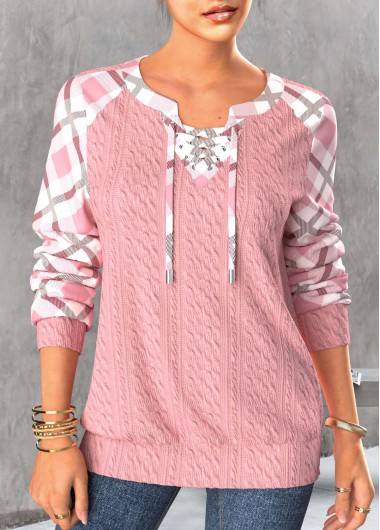 Modlily Light Pink Lace Up Plaid Long Sleeve Sweatshirt - M