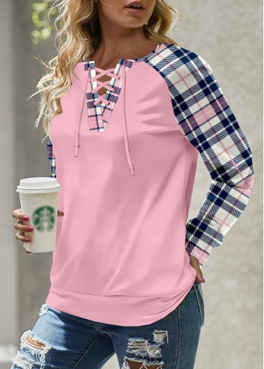 Modlily Light Pink Lace Up Plaid Long Sleeve Sweatshirt - S