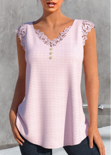 Modlily Light Pink Lace V Neck Tank Top - S