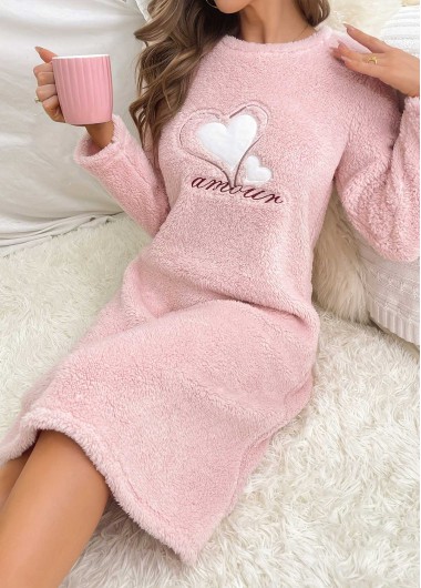 Modlily Light Pink Letter Print Long Sleeve Round Neck Nightdress - S