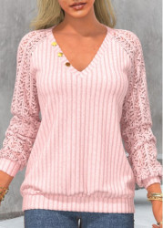 Modlily Light Pink Long Sleeve V Neck Sweatshirt - S