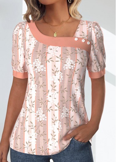 Modlily Light Pink Patchwork Floral Print Short Sleeve T Shirt - S