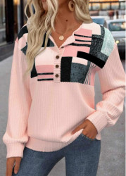 Modlily Light Pink Patchwork Geometric Print Long Sleeve Sweatshirt - S