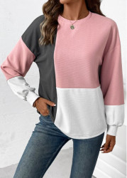 Modlily Light Pink Patchwork Long Sleeve Round Neck Sweatshirt - S