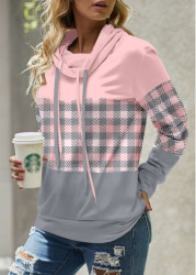 Modlily Light Pink Patchwork Plaid Long Sleeve Cowl Neck Sweatshirt - L